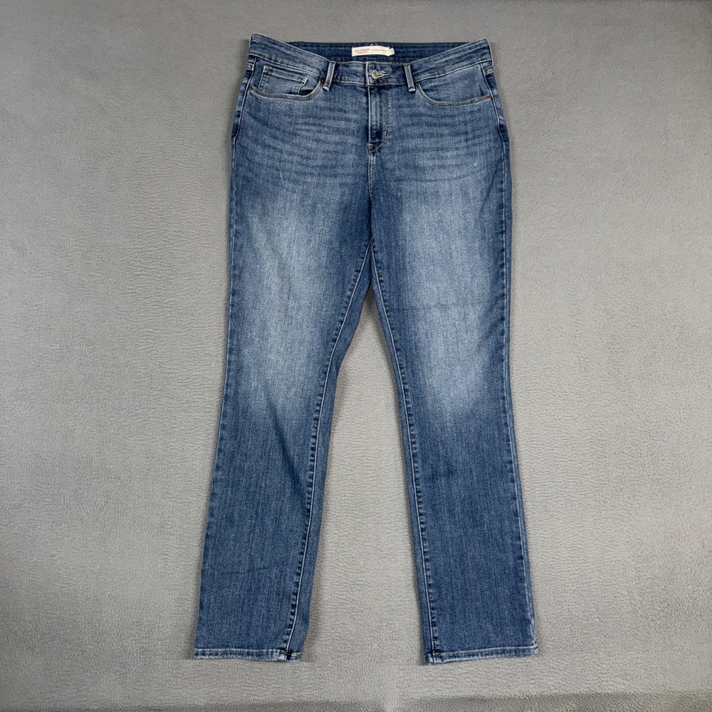 Signature Levi Jeans Womens 12 Blue Mid Rise Straight Stretch Distresssed Denim